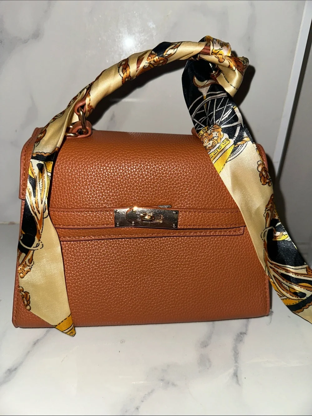 Classic Tan Top-Handle Women's Bag with Silk Scarf Accent